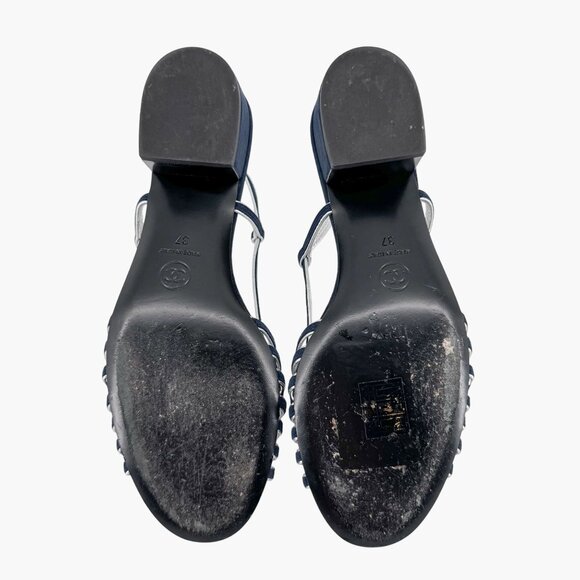 Chanel CC Strappy Slingback Sandals Block Heel Navy Blue Silver Size 37 US 6-6.5 - Picture 13 of 15